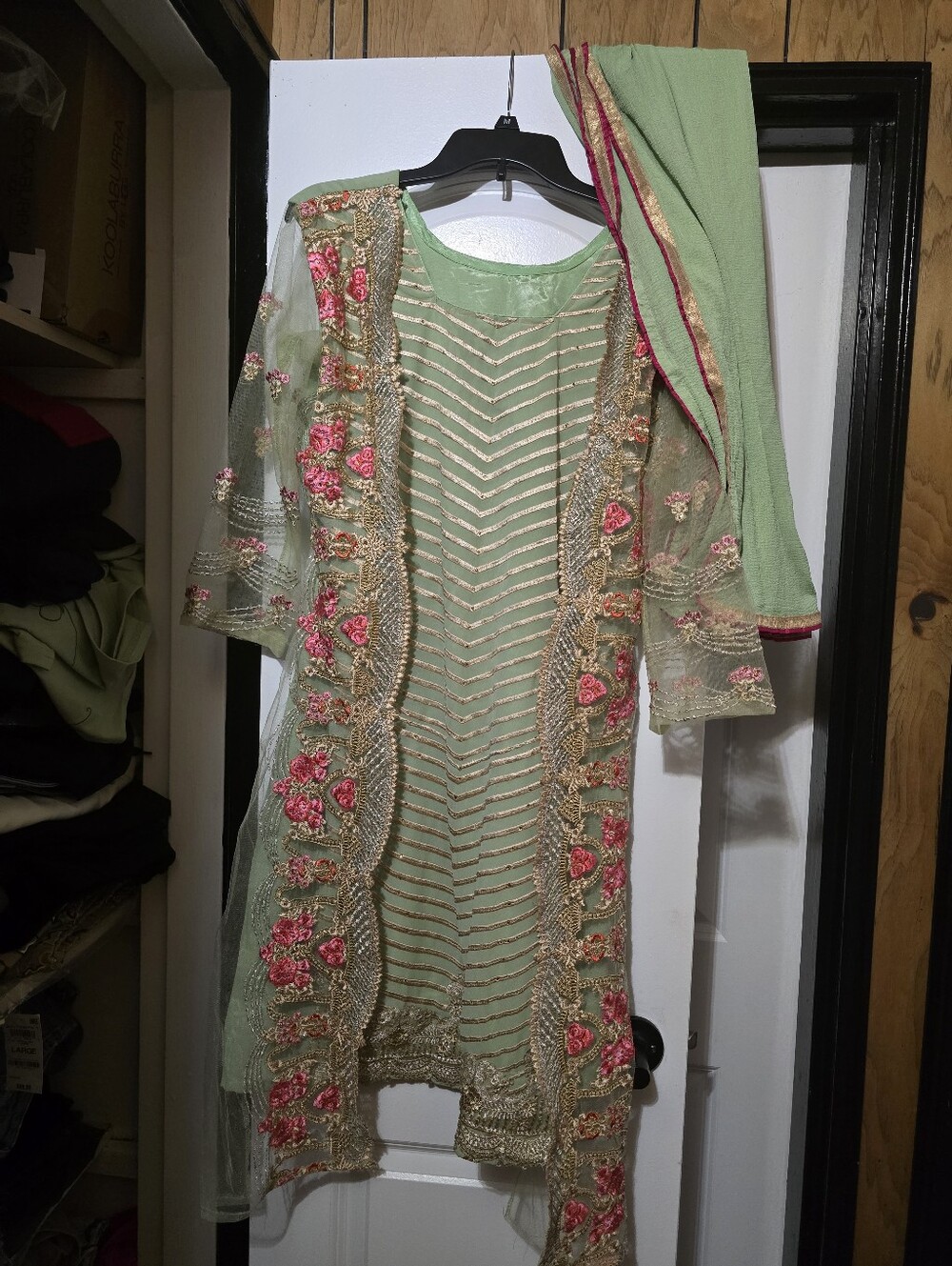 Pastel Green Dress w Embroidered Pink Floral Design W Matching Pant & Scarf - L